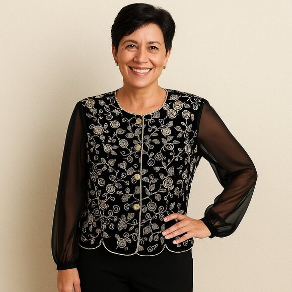 Another Tyme Jackets & Blazers - Black and Gold Embroidered Top with Sheer Sleeves and Gold Piping and Buttons